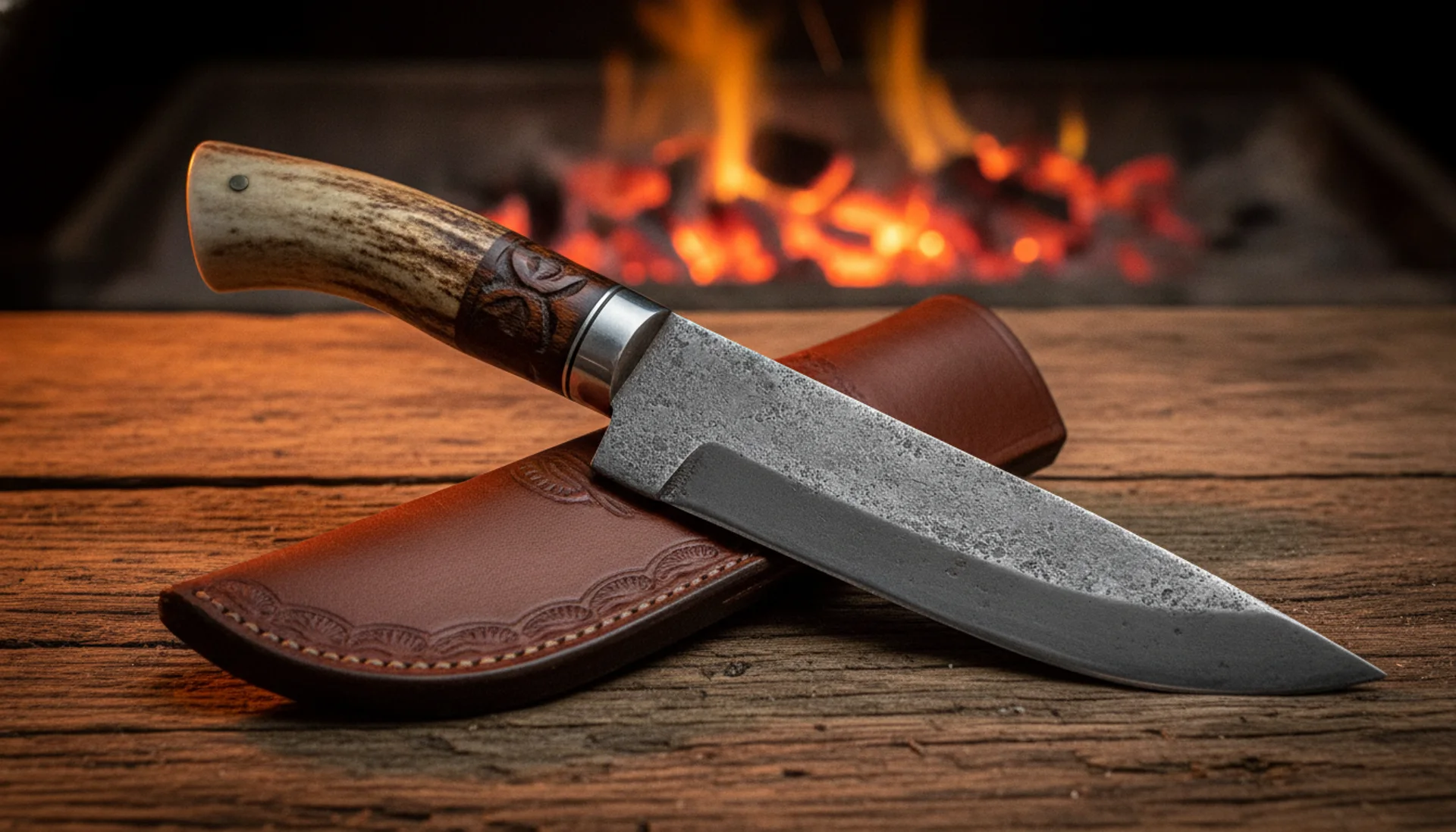 Cuchillo criollo artesanal sobre mesa de madera junto al fuego